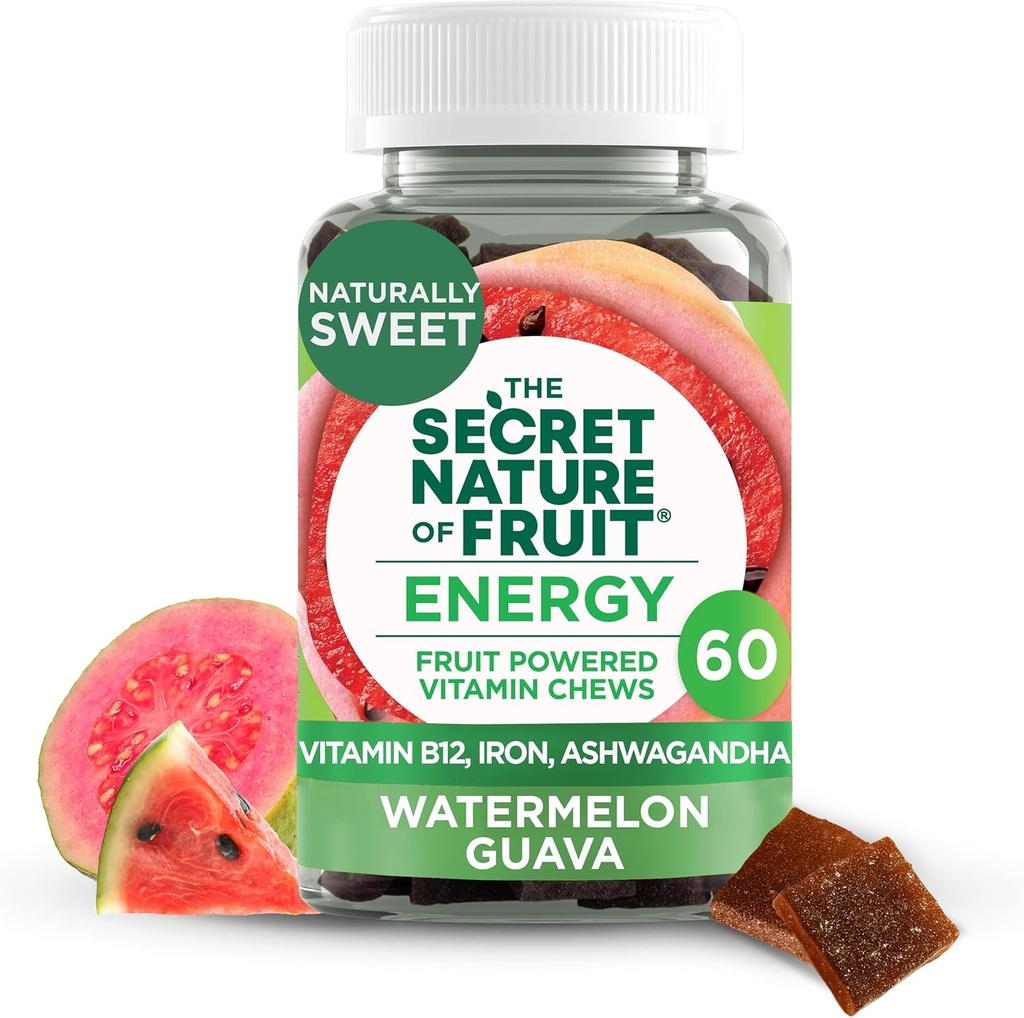 The Secret Nature of Fruit Chews, Real Fruit Pounced Vitamin Chews with Vitamin B12, Iron, Ashwagandha, Watermelon & Guava for Long Lasting Energy (60 Count), Pink