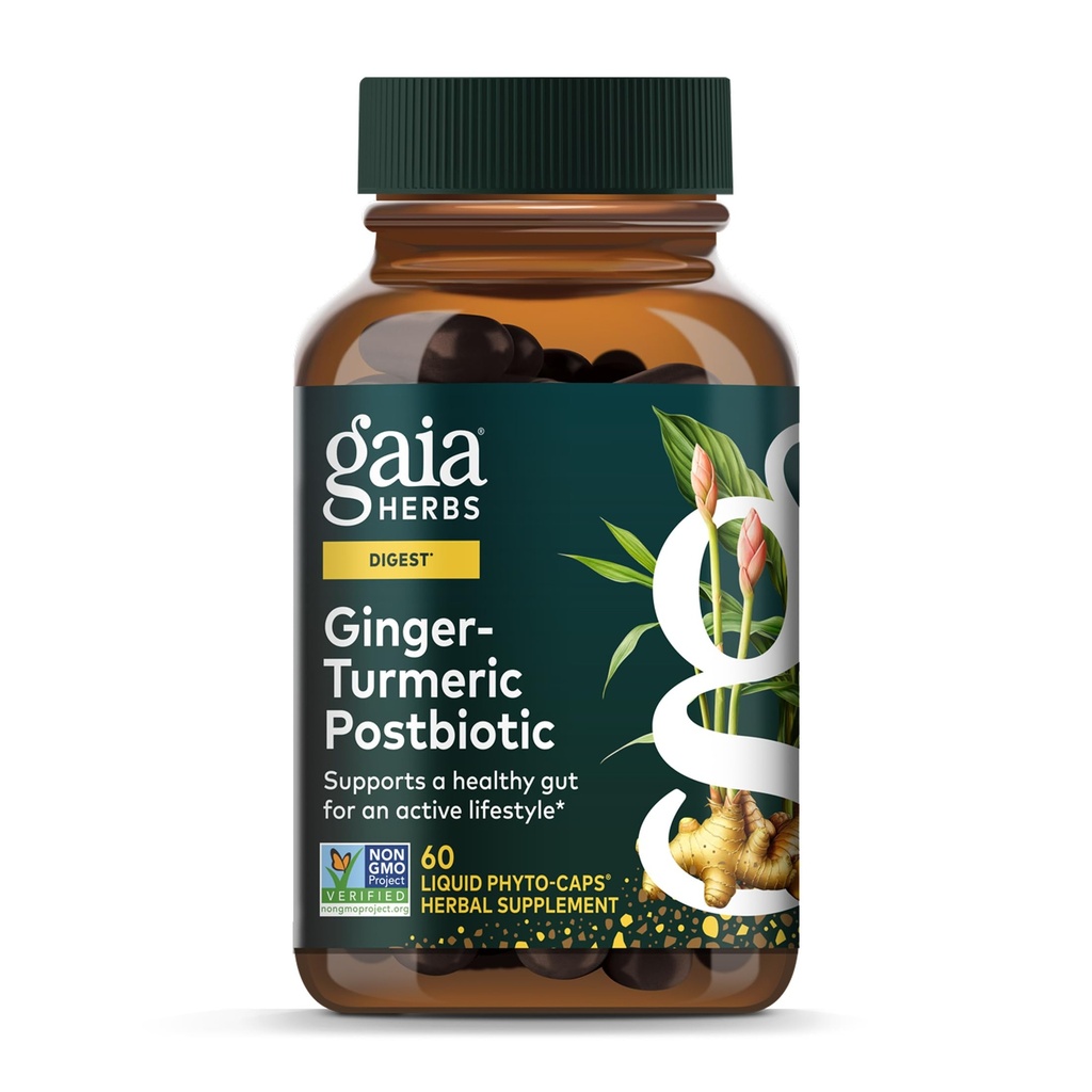 Gaia Herbs Ginger- Turmeric Postbiotic - Premium Digetical Supplement for Gut Health - Made with Fermentasi Turmeric & Ginger - Free from Dairy, Soy & Gluum - 60 Vegan Capsules (30 Pelayan)