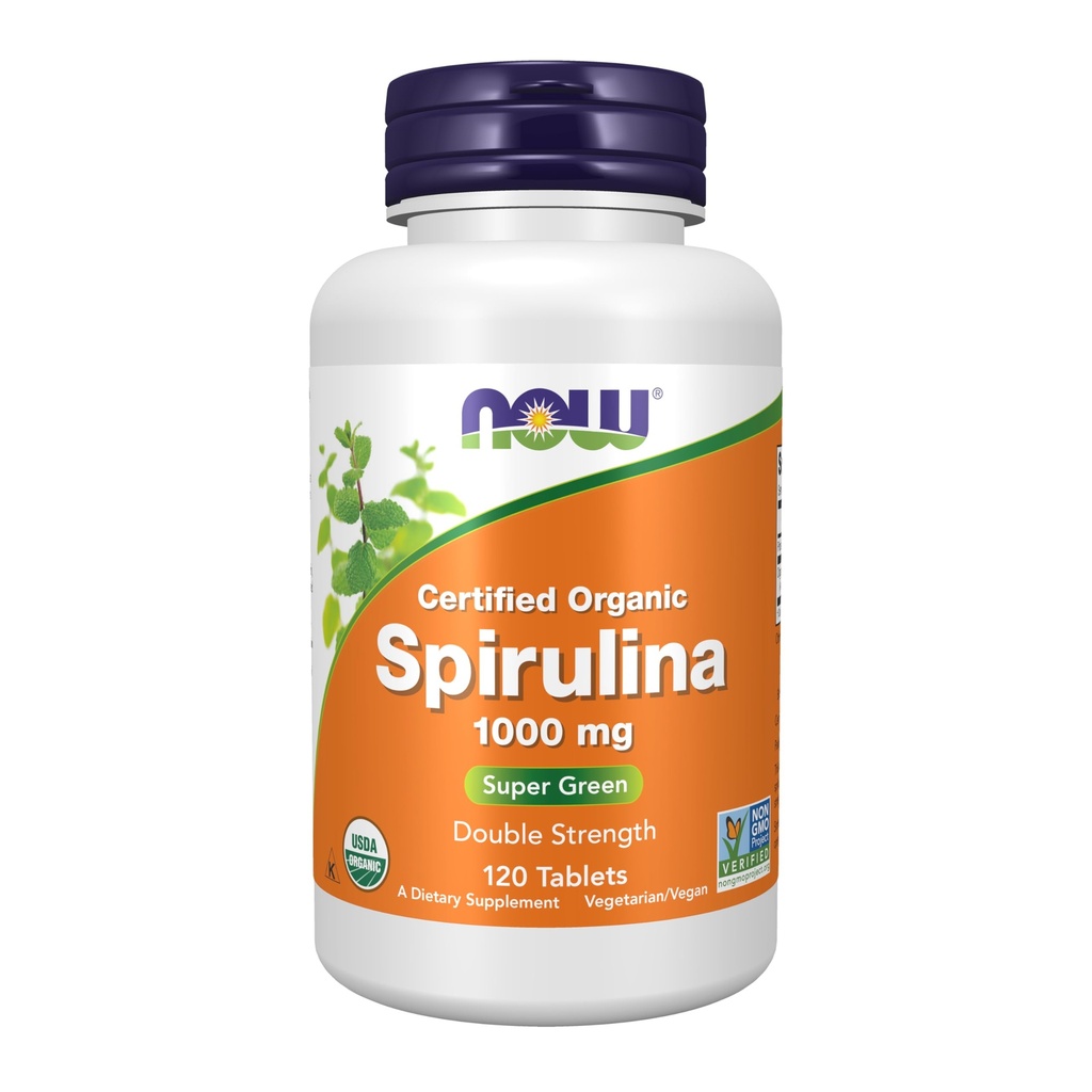 Sekarang Makanan Suplemen, Tersertifikasi Organik, Spirulina 1000 mg (Kekuatan Ganda), Kaya di Beta-Carotene (Vitamin A) dan B-12 dengan alami terjadi GLA, 120 Tablet