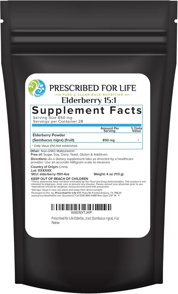 Prescripted For Life Elderberry Powder, Powder Gluten for Dewasa, High Vitamin C Content, Full of Dietary Fiber & Antioksidants, Vegan, Gluten Free, Non GMO (4oz / 1113g)