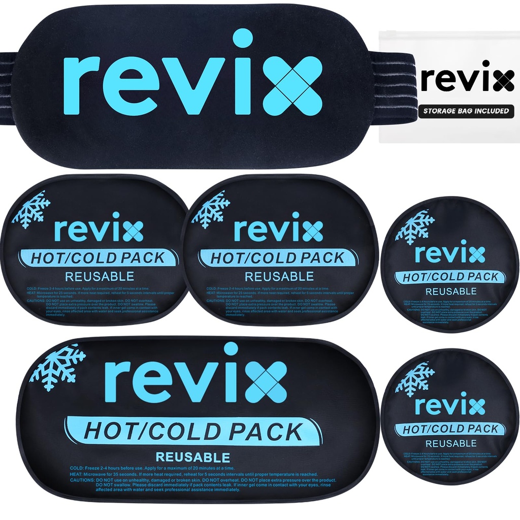 Pack Es REVIX untuk Injuries Dapat Dipakai kembali, 5- Piece Set Hot dan Cold Gel Ice Pack untuk Joints, Muscle, Recovery Post-Workout, Adjustable dan Flexible Cooling Pads for Knees, Back, Arms and Neck