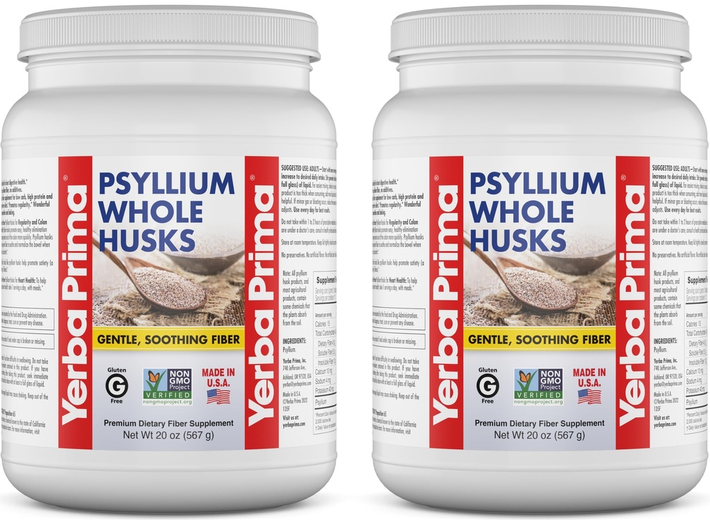 Yerba Prima Whole Psyllium Husk Fiber Suplement 20 oz (Pack of 2) - Vegan, Gluten Free, Non- GMO