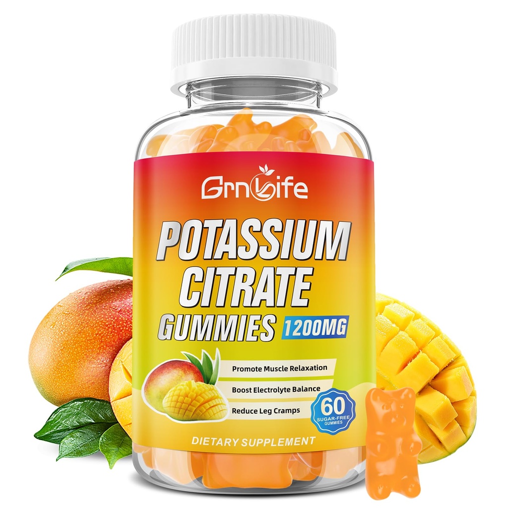 Potasium Citrate Gummies, Potasium Tinggi Tambahan Gummies 1200mg untuk Dewasa & Anak-anak, Dukung Kram & Kram Leg & Otot Kesehatan, Vegan, Mango Flavor 60 Count