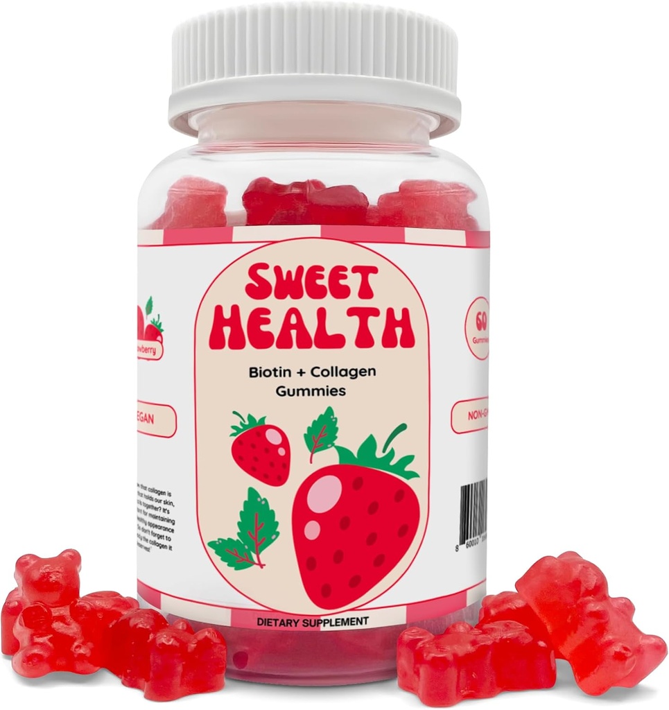 Sweet Health Hair Gummies 134; Youthful Skin + Hair Growth + Stronger Nails 124; 10.000% Biotin + Collagen 124; Non-GMO 124; Sweet Strawberry