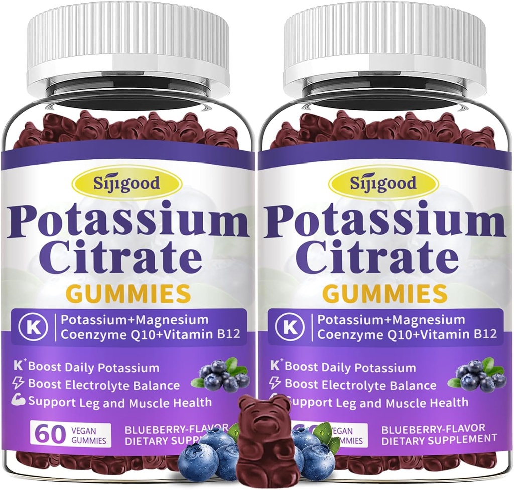 2 Pack Potasium Citrate Gummies, Potasium Suplemen Kesehatan Muscle, Rangka Kram Kaki & Electrolite Keseimbangan, Vegan, Non-GMO, Gluten- Free, Blueberry Flavor, 120 Count
