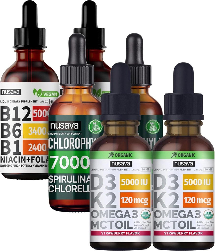 NUSAVA Strawberry Flavored D3 K2, Chlorophill, & Vitamin B12 Liquid Drops Bundle - Enable Liquid Vitamin for Heart, Energy, Brain & Imune Dukung - Non-GMO, Gluten- Free, 2pk Each