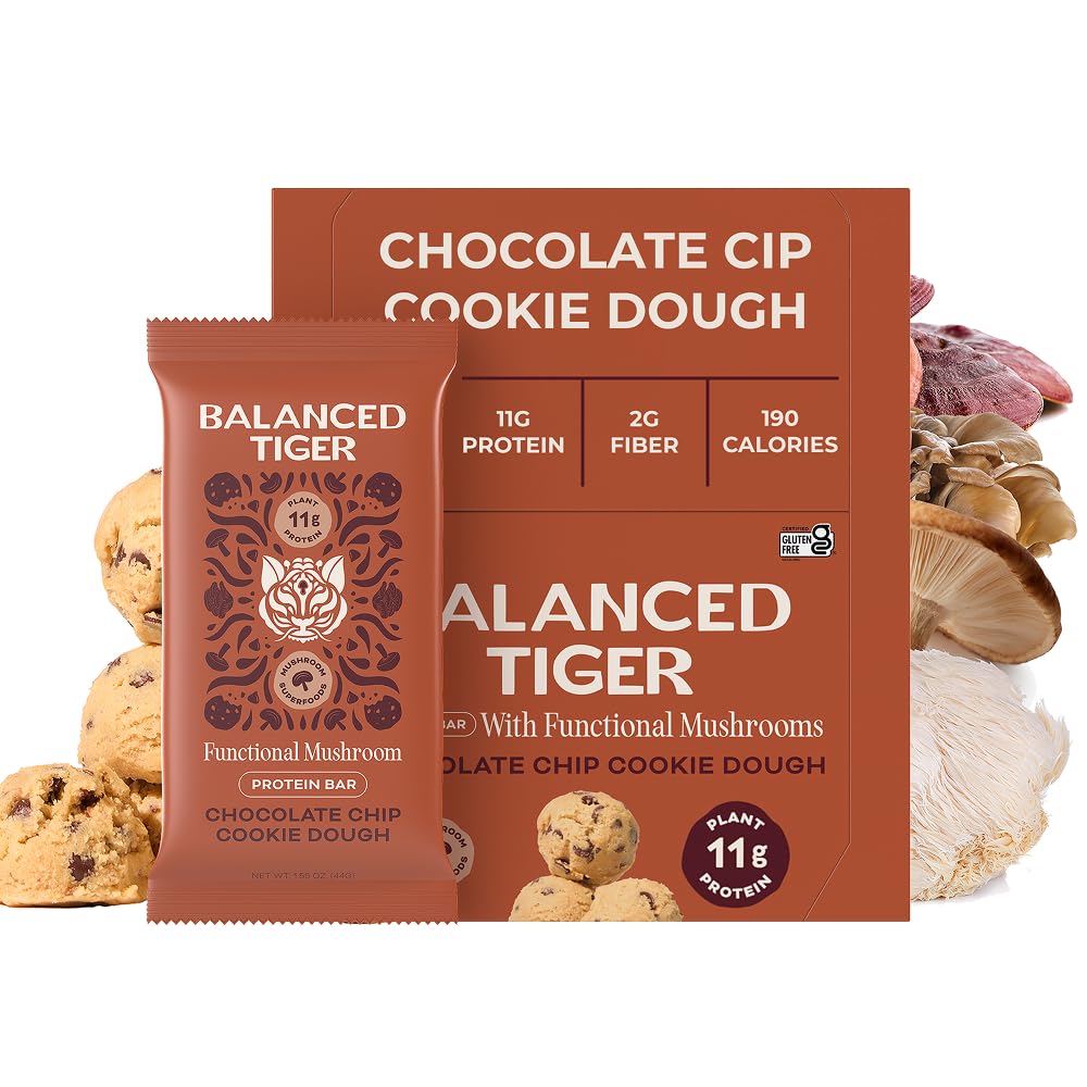 Jamur Fungsional Organik Vegan Bars 126; Dibuat di Amerika Serikat 124; Dose Penuh (1500mg) Lions Mane, Chaga, Reishi Cordyceps Bars 124; Tanaman Protein Bars w / Adaptogens & Superfood 128; Chocolate Chip Cookie Dough