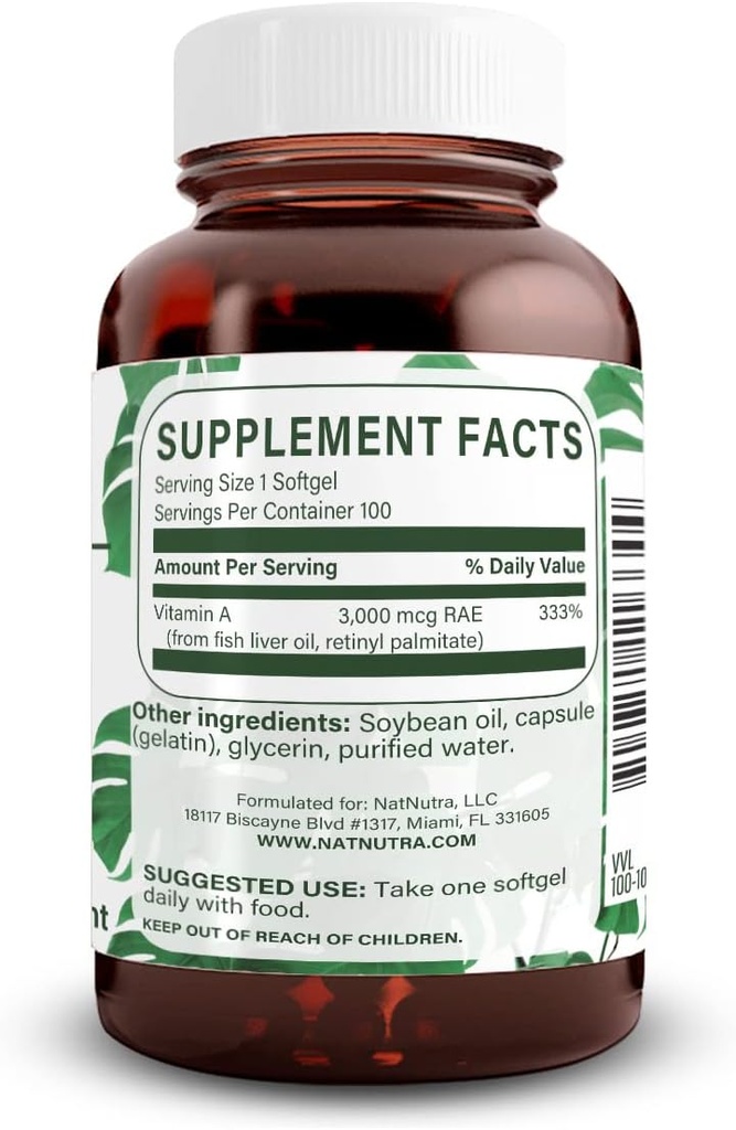 Natural Nutra Vitamin A 10.000 IU Softgels - High Potency Eye dan Skin Vitamin - Gluten- Free - Suplemen untuk Seight & Skin Health - Ikan Liver Oil untuk Pria dan Perempuan, Gluten Free 100 Softgels (3 Pack)
