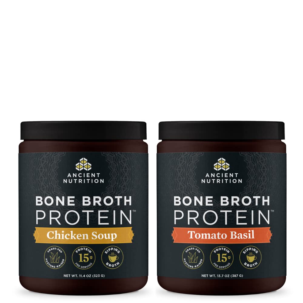 Bubuk Protein Bone Bone Kuno, Sup Ayam, 15 Servis Beku Protein Kubah, Tomat Basil, 15 Hamba