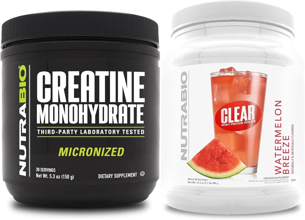 NuttraBio Creatine Monohydrate, Unflafeted, (150 g) dan Clear Whey Protein Isolate, (Watermelon Breeze) Persediaan Bundle - Muscle Energy, Maximum Growth, Recovery, and Energy