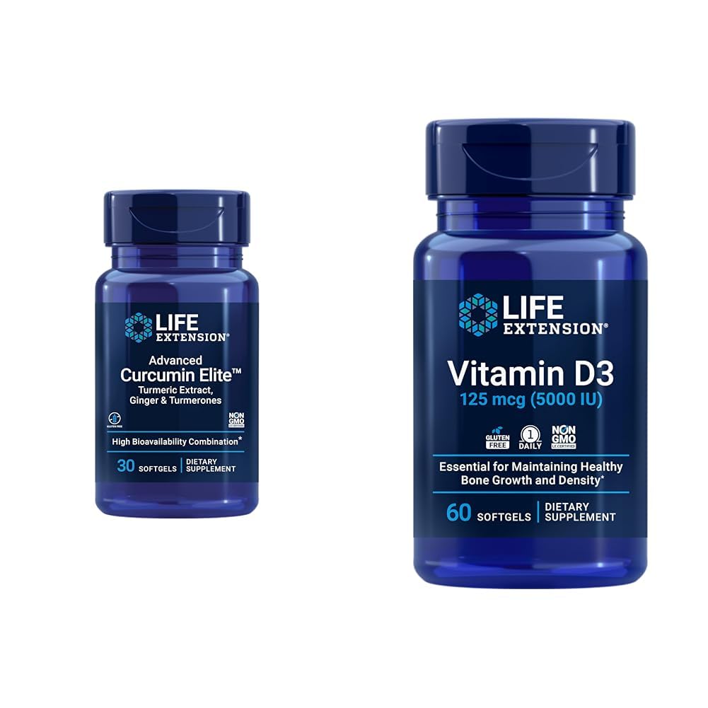 Life Extension Curcumin Elite Turmeric Ginger Extract & Vitamin D3 5000 IU Softgels - Healthy Inflammatory Immune and Bone Brain Health - 30 & 60 Count
