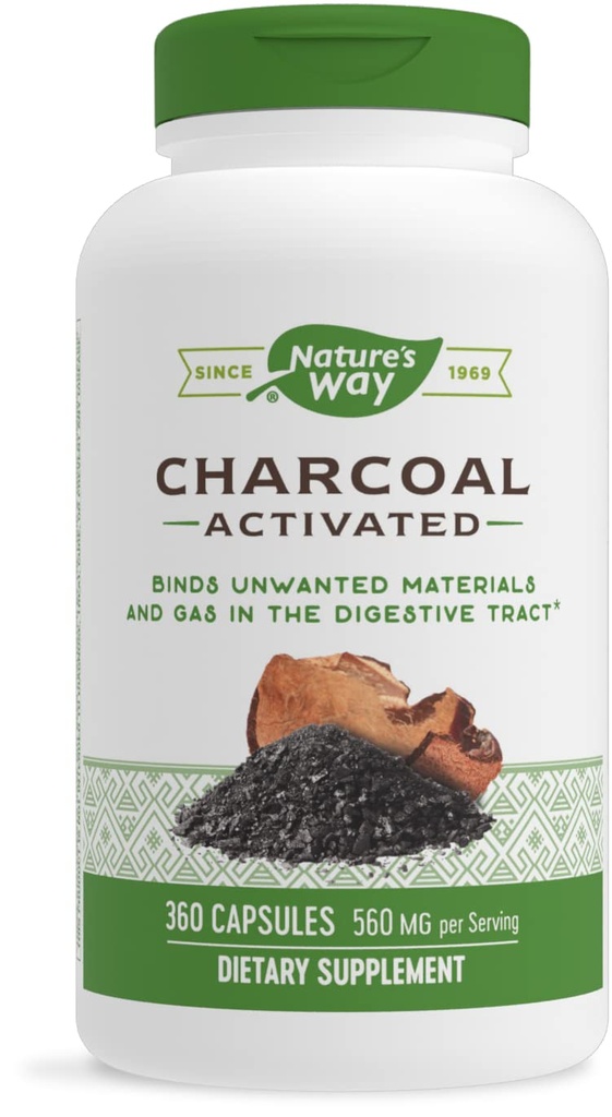 Nature 's Way Activated Arang, Binds Materials Unwanted and Gas in the Digetical Tract *, 560 mg per 2- Capsule Serving, 360 Capsules (Packaging May Wary)