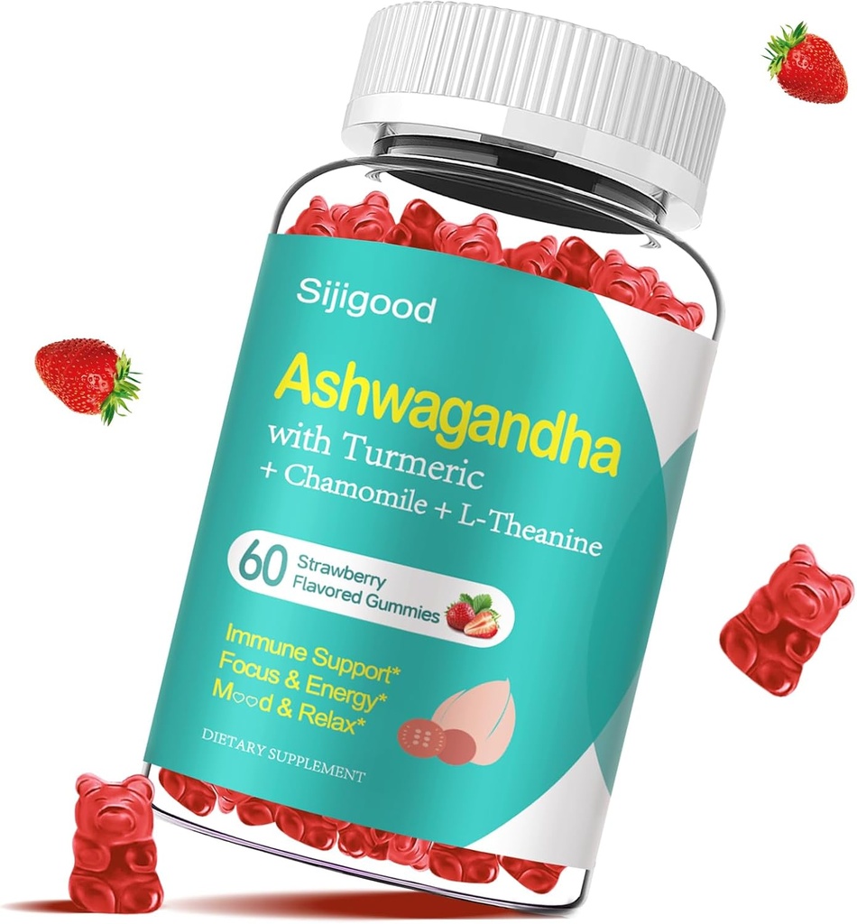 Ashwagandha Gummies dengan L- Theanine, Ashwa Root Suplemen Gummy for Women, 60 Strawberry Flavored Gummies