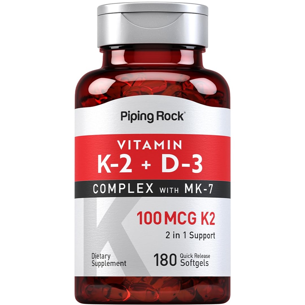 Piping Rock Vitamin K2 D3 Tambahan 124; 100 mcg 124; 180 Softgels 124; Kompleks dengan MK7 126; Non-GMO, Gluten Bebas