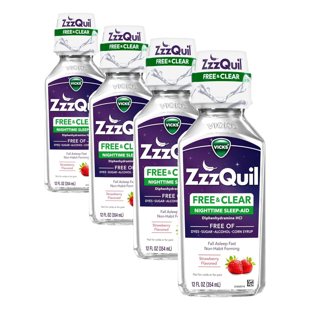 ZzzQuil, Cil Bantuan Tidur Malam, FOT of Alkohol & Artificial Dyes, 50 mg Diphenhydramine HCI, No1 Sleep Aid Brand, Fall Asleep Fast, Non- Habit Forming, Soothing Berry Flavor, 12 FL OZ (Paket 4)