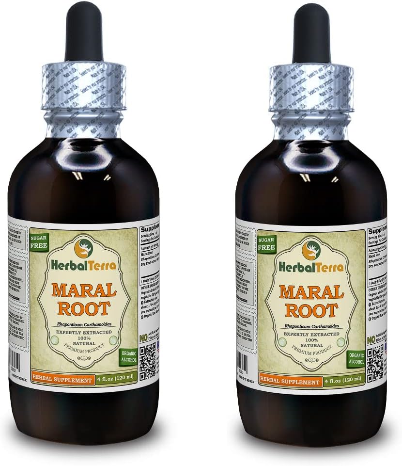 Akar Maral (Rhaponticum Carthamodes) Tacture, Organic Drific Roots Extract (Nama Merek: HerbalTerra, Proughtly Made in USA) 2x4 f.oz (2x120 ml)