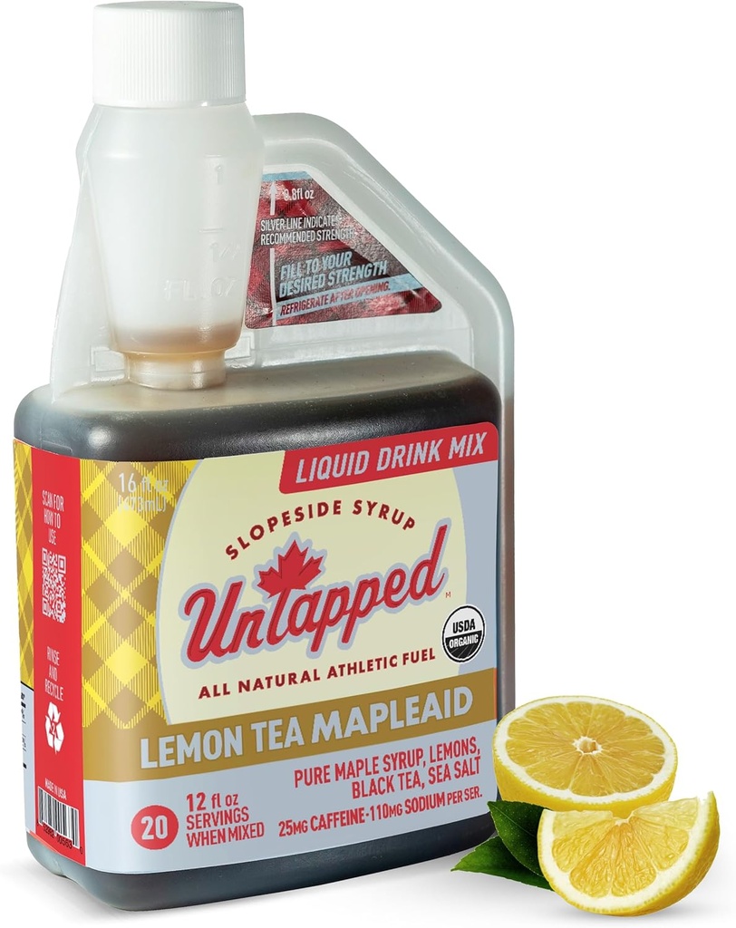 Unpopped Lemon Tea Mapleid - 20 pelayan 16 quid oz Bulk Bottle Maple Organic Syrup, Lemon Juice & Black Tea Menjalankan bahan bakar Electrolite & Caffeine Prourity Didukung oleh Maple Murni Vermont
