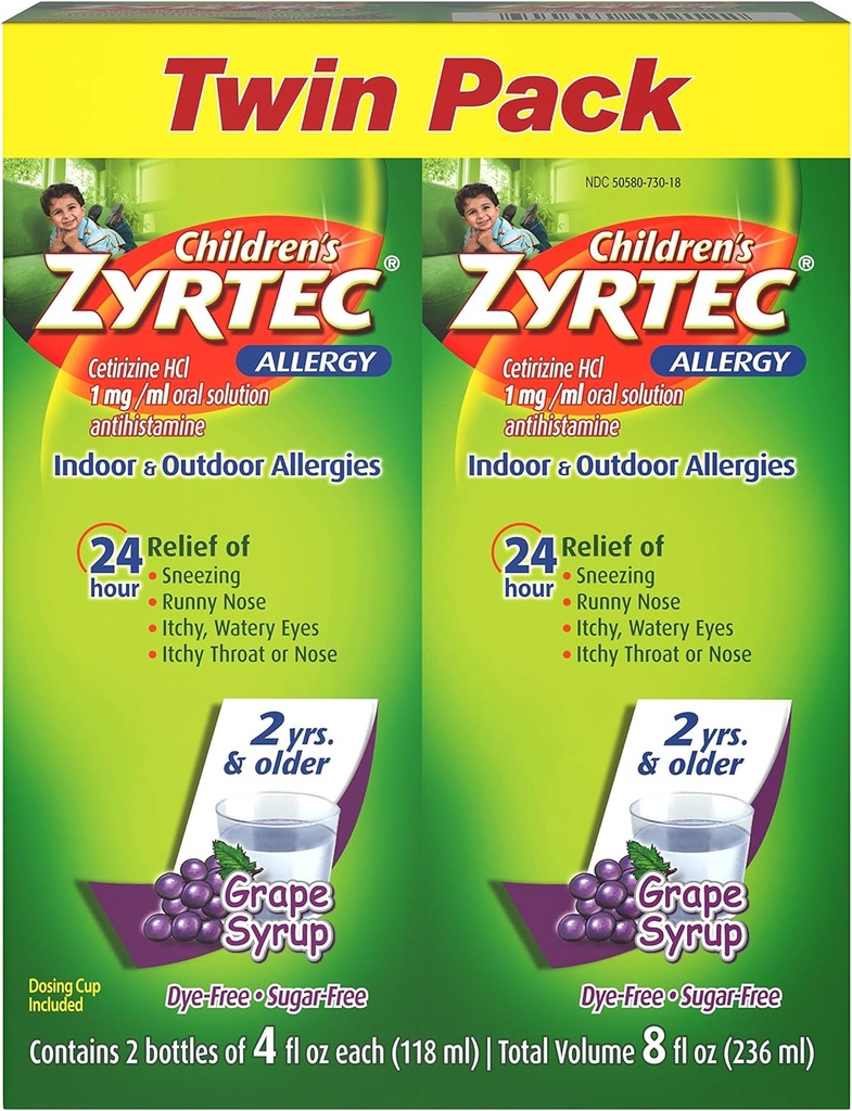 Zyrtec 24 Hr 's Allergy Syrup dengan Cetirizine, Sugar- Free Grape, Twin Pack 4 FLO