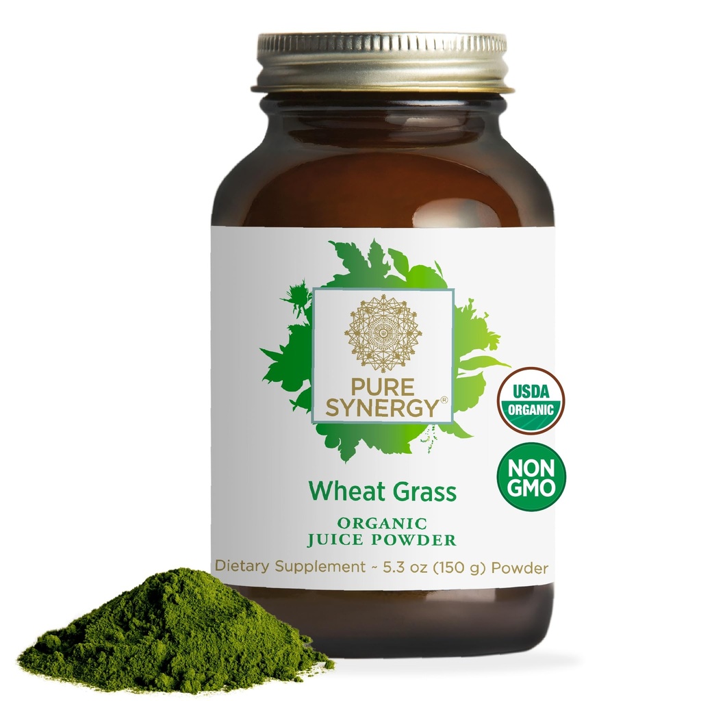 PURE SYNERGY Organic Wheat Grass Juice Powder 124; Chlorofil-Rich Green Juice Quoder 124; Raw Organic USA Wheat Grass 124; for Energy, Alkaliline Saldo, and Diatle Dupport (5.3 oz.)