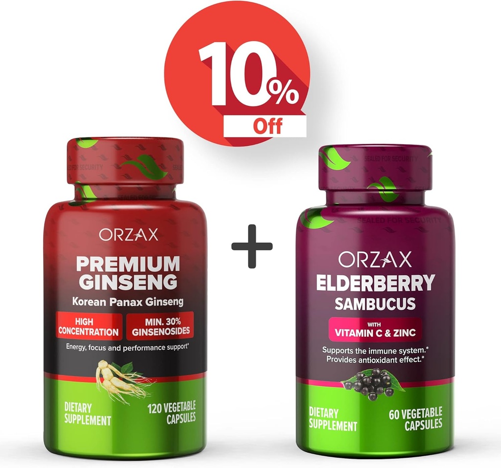 ORZAX Ginseng, 30% Ginsenosides, Premium 120 Vegetable Capsules dan Elderberry Capsules, 2000mg 60 Vegetable Capsules, Bundle