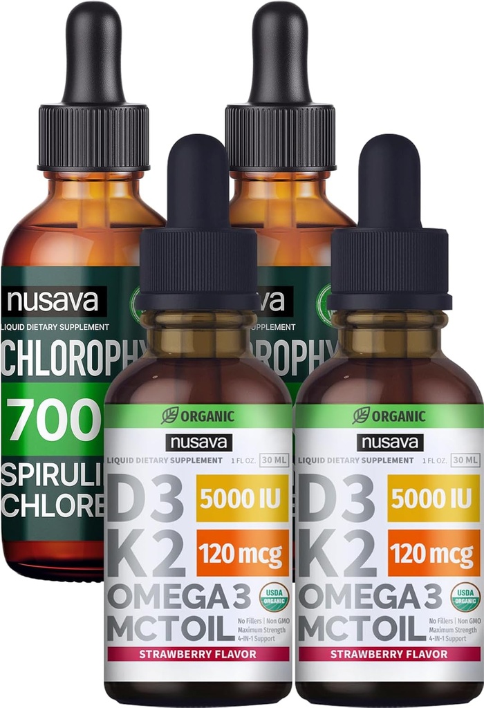 NUSAVA Strawberry Flavored D3 K2 Drops dan Chlorophill Liquid Drops Bundle