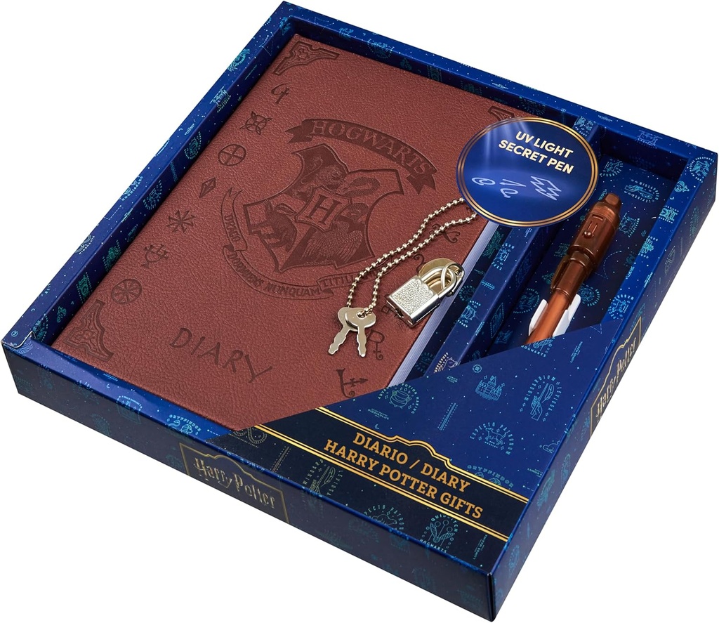 Harry Potter Lockable Diary dengan UV Ink Pen untuk Anak-anak, Remaja, Secret Journal with Key, Halaman Tergaris, Supply Stationery, Gifts for Kids (Brown UV Pen)