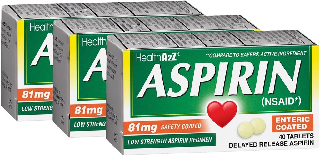 HealtA2Z ® Aspirin 81 mg 124; Kekuatan Rendah 124; Entertaic Coated 124; Relief nyeri 126; Reduces Minor Aches Muscle Pain & Cramps 124; Reducer Fever 124; Reduces Headache (40 Counts (40)