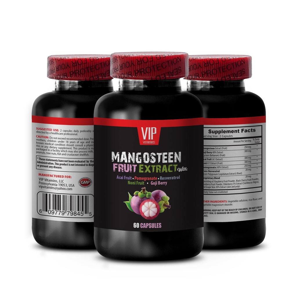 VIP VTAMINS Mangosteen Extract - Mangosteen Fruit Extract - Acai Berry, Goji Berry, Pomegranate, Noni, Trans- Resveratrol, Elderberry Fruit, Grape Skin - 1 Botol 60 Capsules