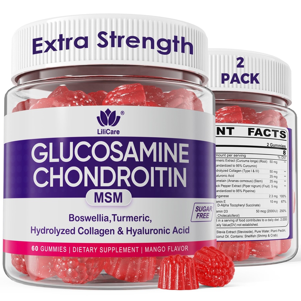 Glucosamine Chondroitin Gummies, Sugar Free Glucosamin Chondroitin MSM Suplement, Extra Kekuatan dengan Boswellia Turmeric, Collagen Hidrolyzed & Hyaluronic Acid, Bone Health for Men & Women & Women, 120 Cts