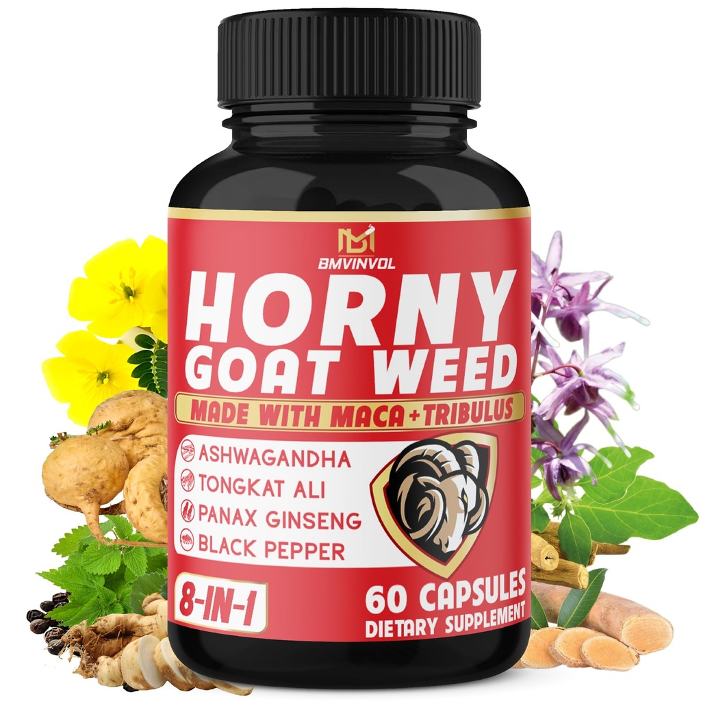 BMVINVOL Horny Goat Weed Kapsul dengan Tribulus, Ginseng, Ashwagandha, Maca, Tongkat Ali, Nettle, Black Pepper - 60 Count