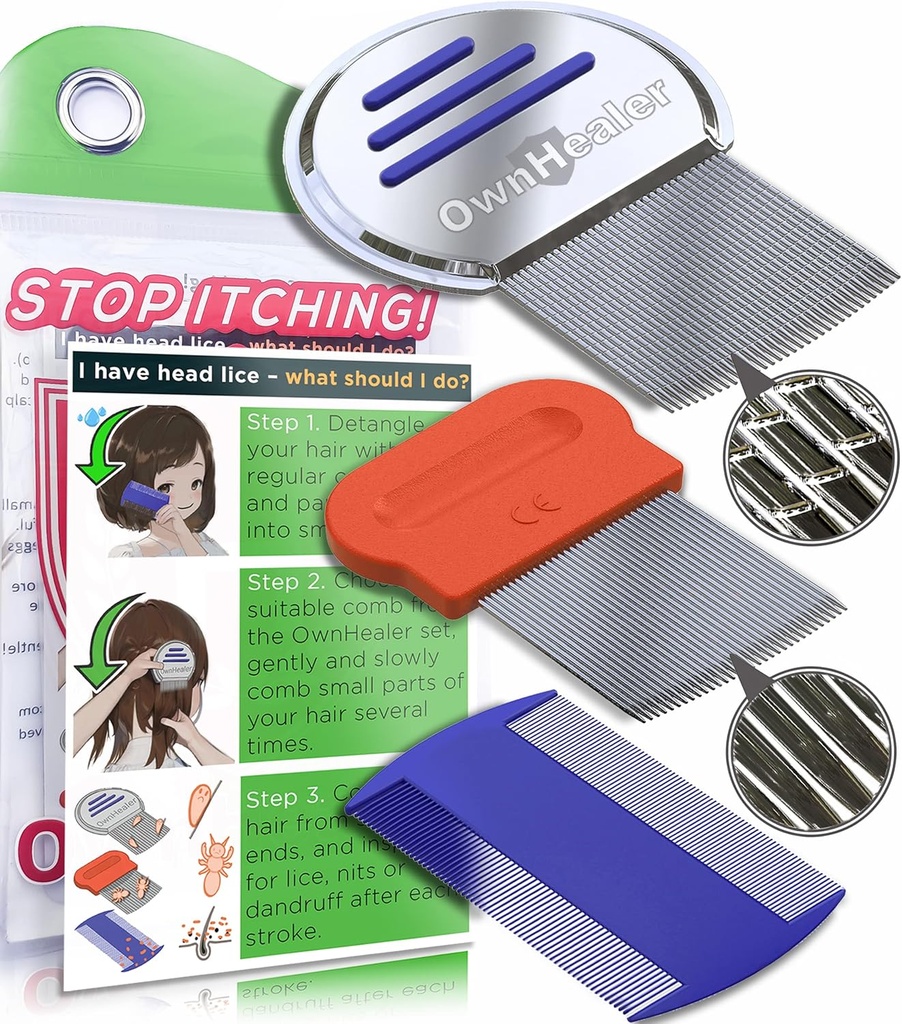 OWNHEER Profesional Lice Comb Kit - untuk Lice, Nits, dan Dandruff Removal. Hasil cepat untuk Perawatan Kutu Kepala - cocok untuk Semua Jenis Rambut. Peine para piojos y liendres.