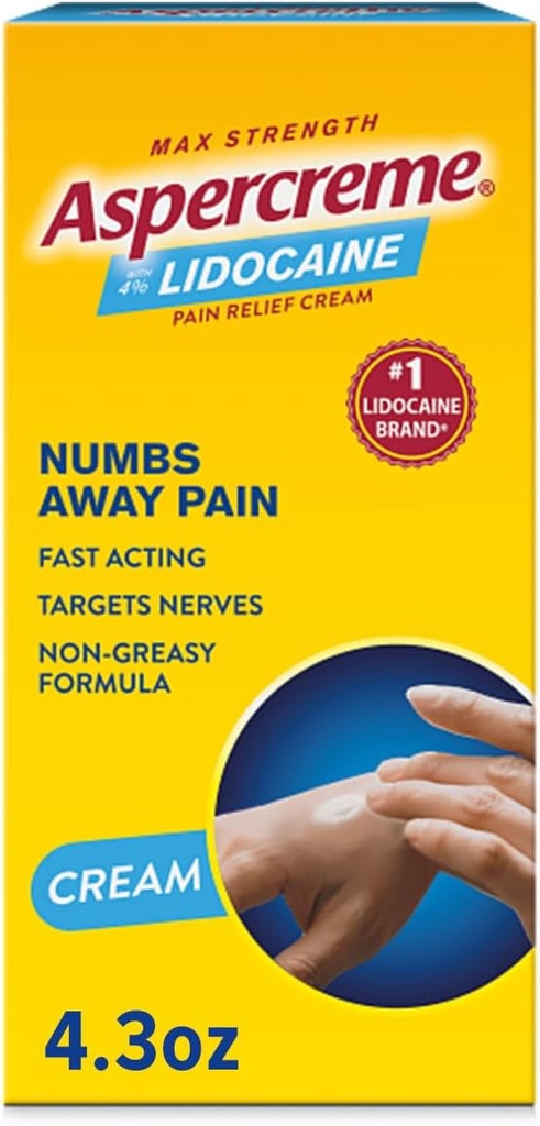 Aspercreme Lidocaine Pain Relief Cream Soothes Aggramed Nerves, Nusing Topical Analgesic dengan Maxm-Power 4% Lidocaine & Moisturizing Aloe, 4.3 Oz.
