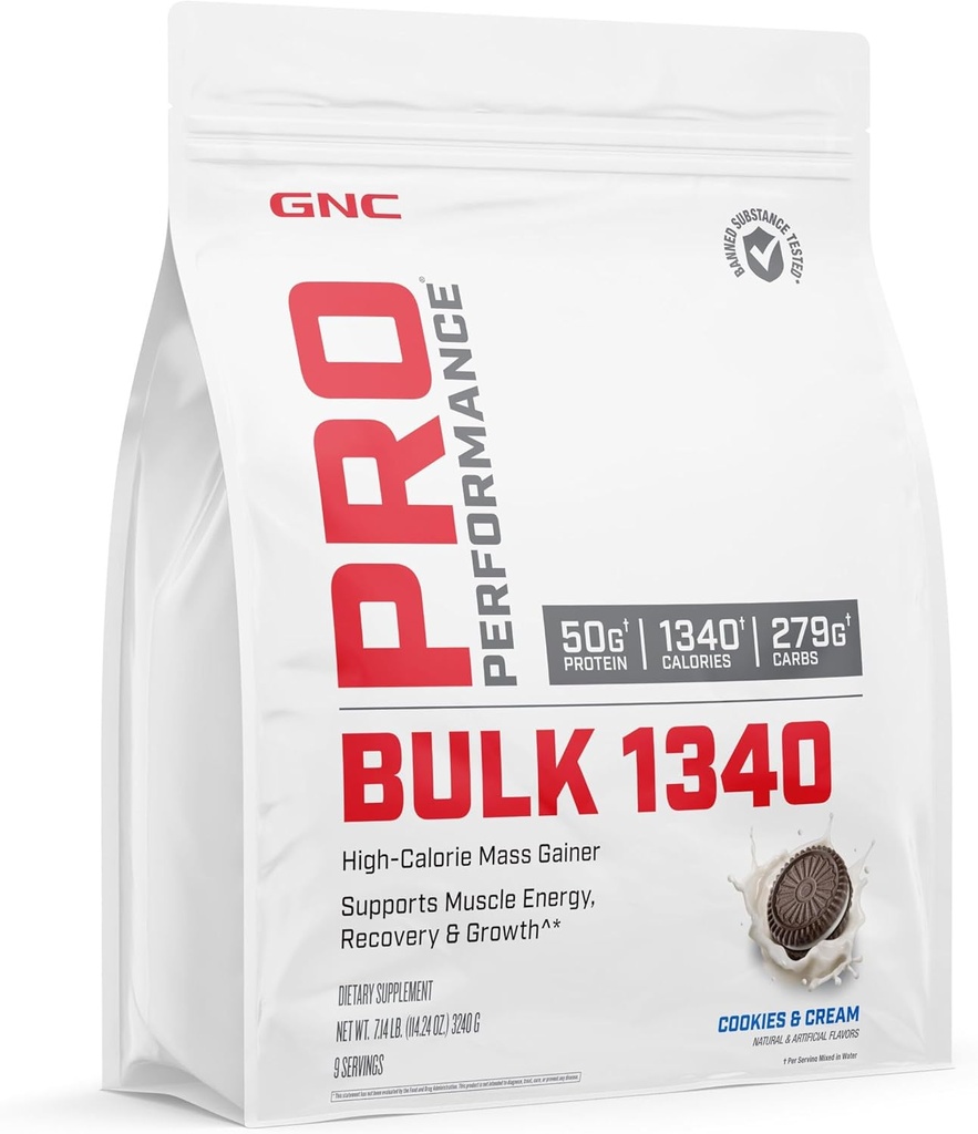 GNC Pro Performance Bulk 1340 Mass Gainer Protein Powder, 50g, Gluten Free, Whey, Creatine, BCAA, 3rd Party Tested, Muscle Recovery, Micronutrients, Cookies and Cream, 9 Servis
