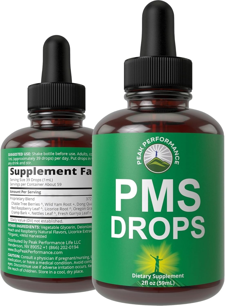 PMS Relief 9-in- 1 Cair Drops Suplemen. 9 Herbal Ingrediens untuk Mendukung Periode Cramps Pain for Women. Vegan, Zero Sugar Vitamin with Organic Chaste Tree Berry, Cramp Bark, Yam Root, Nettle Leaf