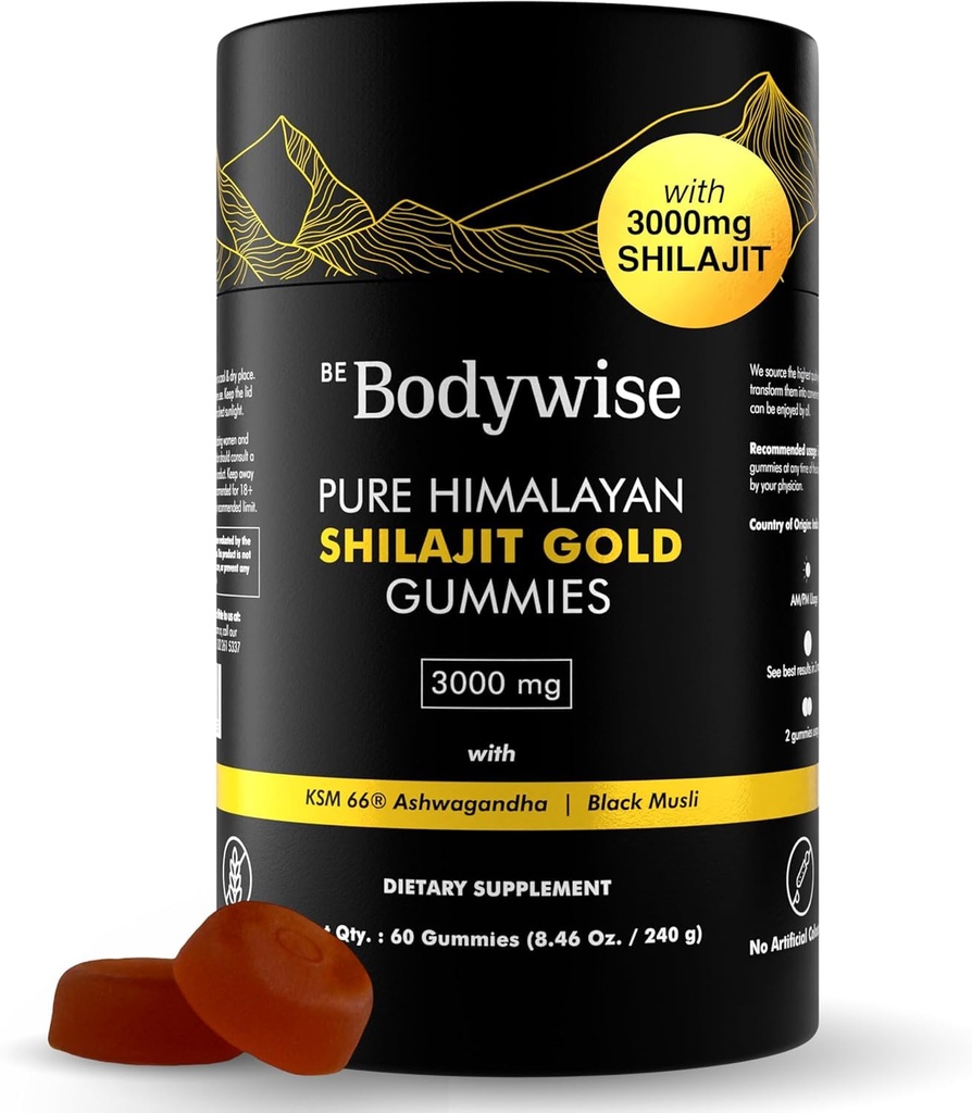 Be Bodywise Pure Himalaya Shilajit Gold I Lab Testing I No Added Sugar I Ashwagandha, Gokshura 12.4; Fulvic Acid & 85 + Trace Minemale I for Men, Women I None-GMO I 100% Natural & Organic I 60 Gummy