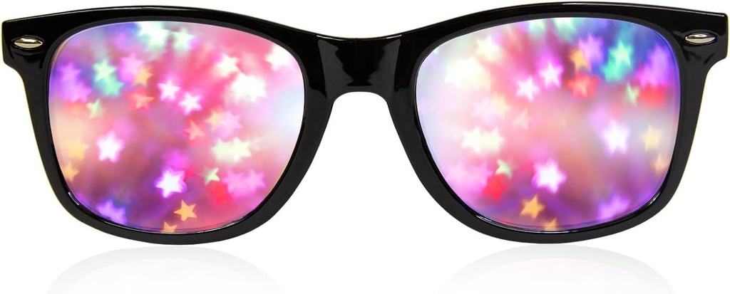 GloFX Black Frame Star Distraction Glasses - Laser Edled for Staunning Starburst Light Effects, Flexible & Durable, Perfect for Raves & vourals