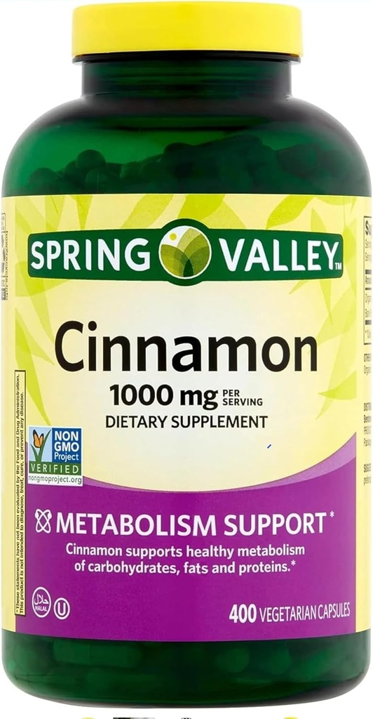 Suplemen Spring Valley Cinnamon 1000mg, 400 Kapten Vegetarian, Berisi Cassia, Bukan Ceylon. Herbal Suplemen untuk Jenderal Wellness. Luall