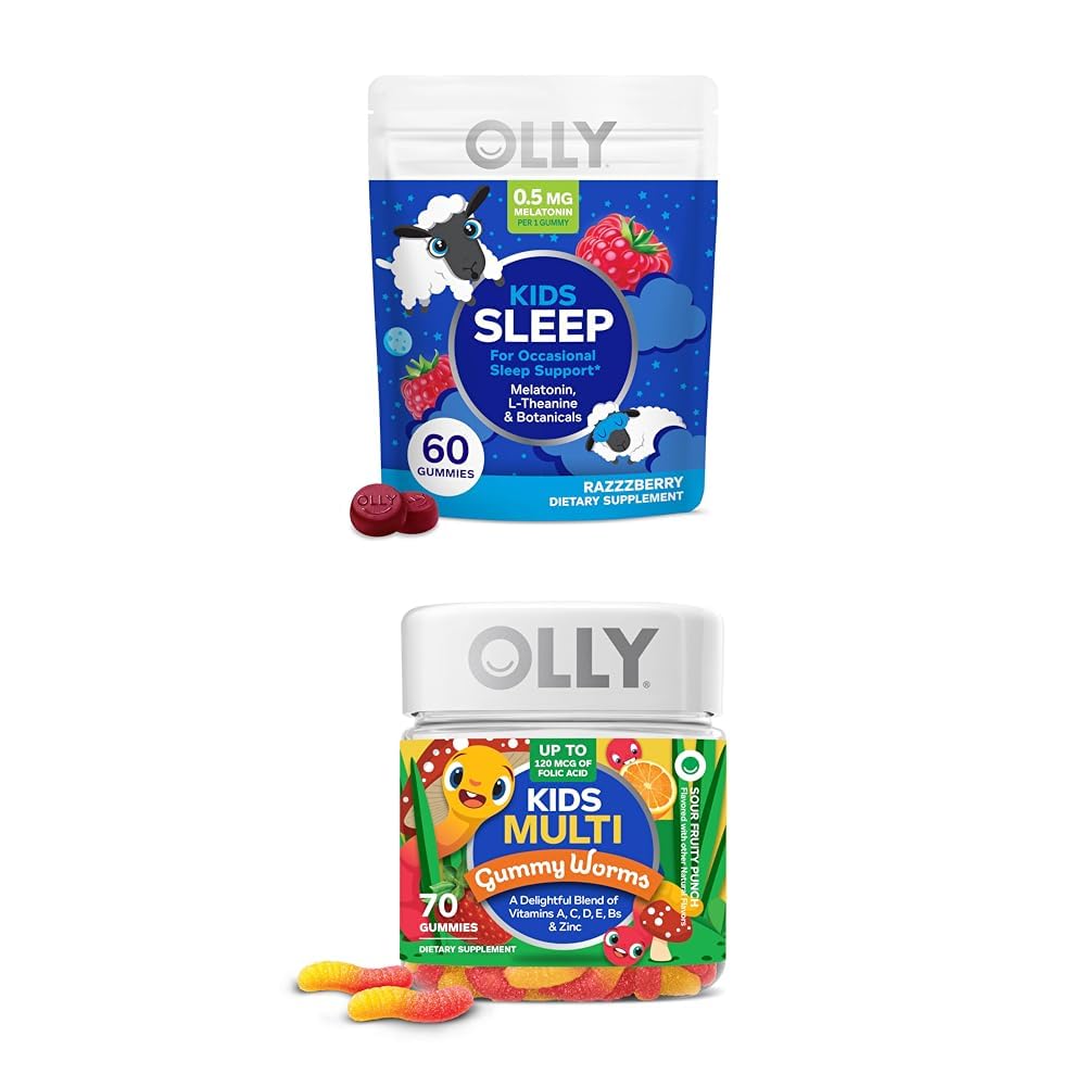 Anak OLLY Sleep Gummy, Melonatin, L Theanine, Chamomile, 60 Count dan Anak Multivitamin Gummy Worms, Vitamin A C D E Bs Zinc, 70 Count