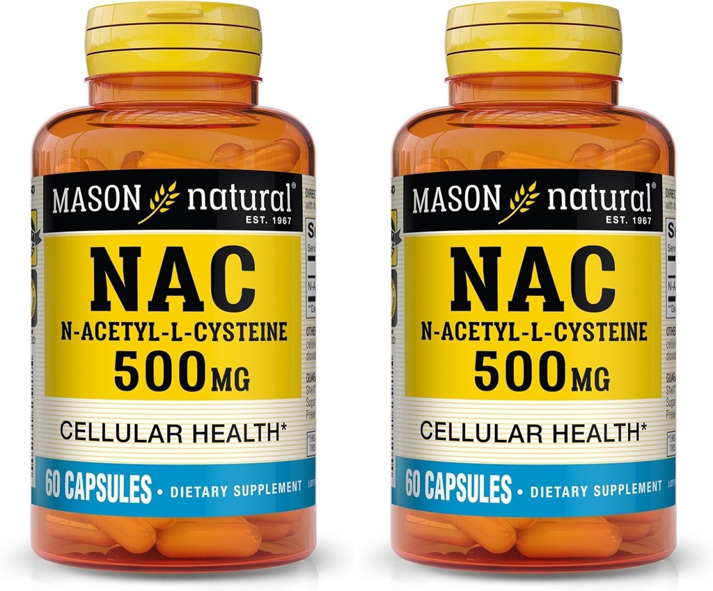MASON NATURAL NAC N-Acetyl L- Cysteine 500 mg - Mendukung Kesehatan Sel, Sistem Booster Imune, untuk Wellness Umum, 60 Kasules (Paket 2)