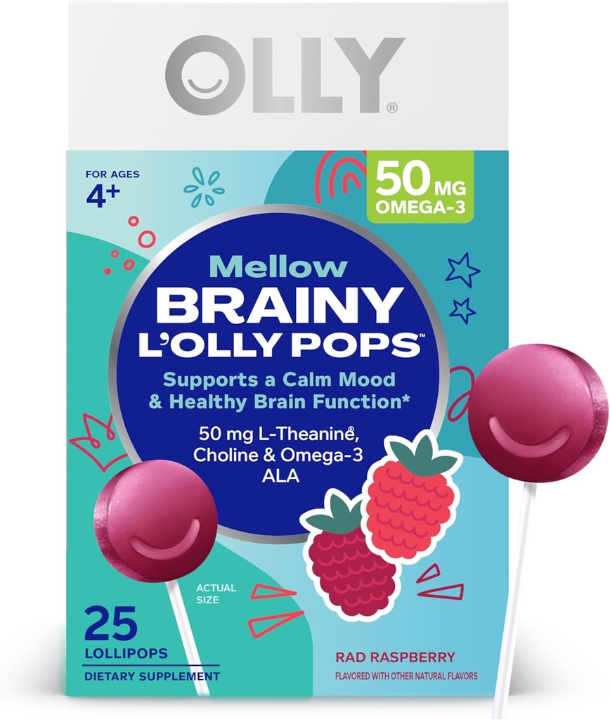 OLLY Mellow Buddies L 'OLLY Pops, L- Theanine, Choline, Omega-3 ALA, Anak 4 + Dietary Suplemen Lolipop, Mendukung Fungsi Otak Tenang & Kesehatan, * Vegan, Raspberry Flavored, 25 Count