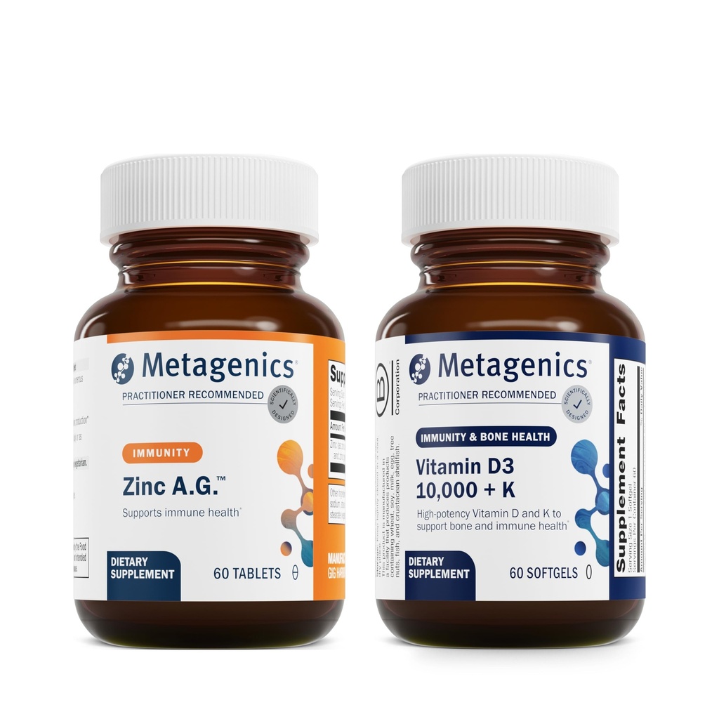Metagenik Bundle - Zinc A.G. & D3 10.000 + K - 60 Tablet dari Zinc A.G. untuk Dukungan Imune, Kesehatan Tulang, Metabolisme Energi - 60 Softgeels D3 10.000 + K untuk Dukungan Imune, Kesehatan Hati