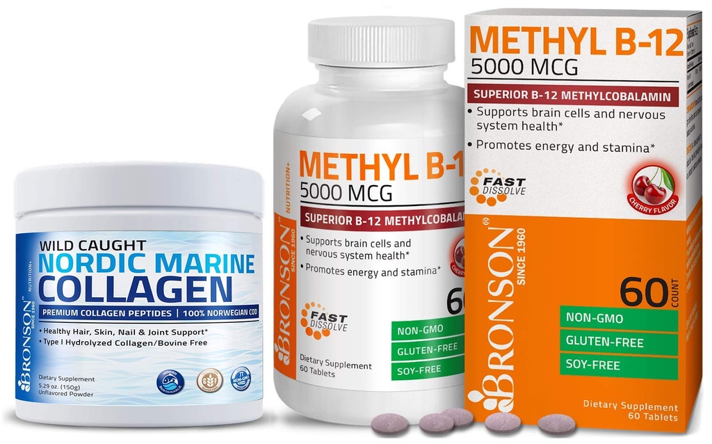Bronson Marine Collagen Peptides Hydrolyzed Protein Powder + Metil B12 5000 mcg Vitamin B12 Methylcobalamin