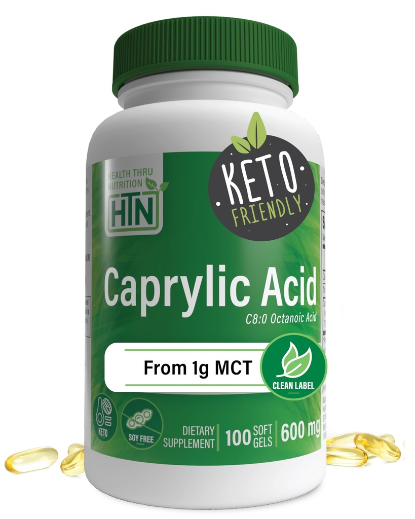 Health Thru Nutrition Caprylic Acid 600mg 100 Softgeels 124; C8 Octanoic Acid from Pure 1g MCT Oil 14; Non-GMO & Soy Free 124; Dukung Digetical Healthy dan Intestinal Health Keto Friendly