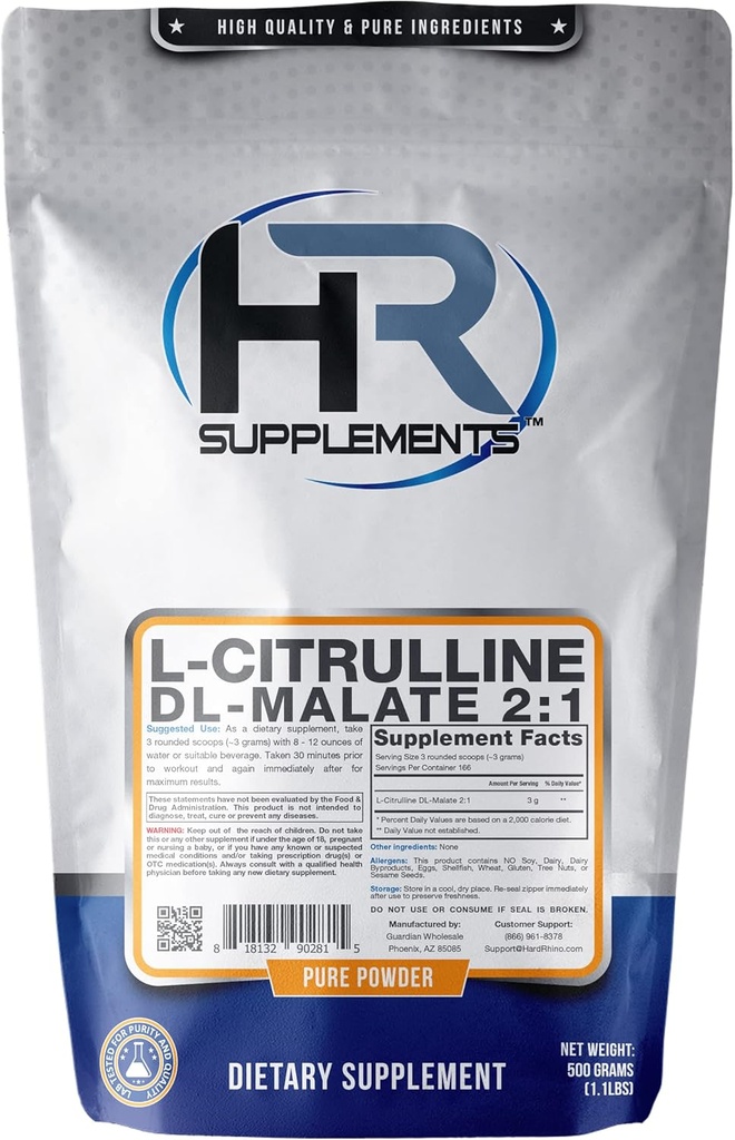 Suplemen HR L- Citrulline DL-Malate 2: 1 bubuk, 500 Grams (1.1 Lbs), Tanpa rasa, Tes Buruh, Scoop Sertakan
