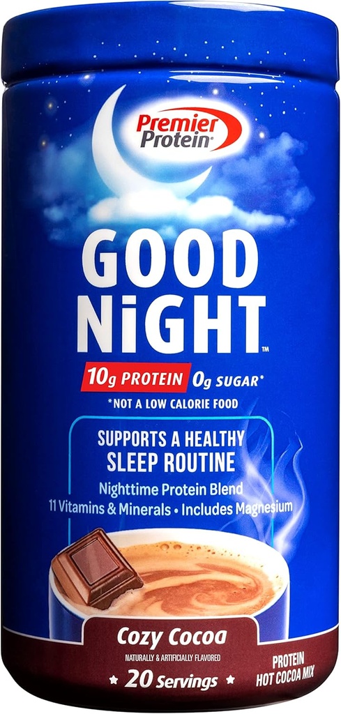 Premier Protein Good Night Protein Powder, Hot Cocoa Mix, 10g Protein, 0g Sugar, 11 Vitamin & Minemins, Nighttime Protein Blend, Magnesium, Zinc, 20 Serve, 1 Tub