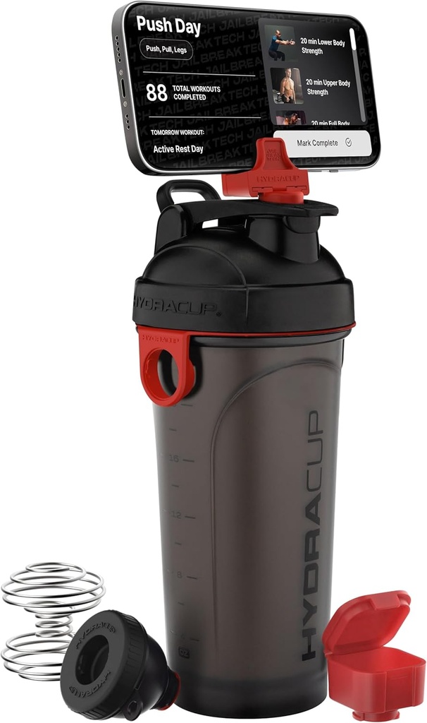 Hydra Cup JailBreak 28 oz Shaker Bottle untuk Protein Shakes, Shaker Bottle dengan Handle & Ball Blender, Shaker Cup dengan Phone Hoder for Your Car, Travel To Go, BPA Free (Black / Red)
