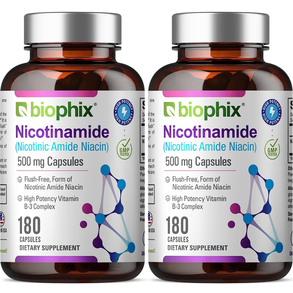 biophix B-3 Nicotinamide 500 mg 180 Caps 2 Pack - Nicotciic Amide Niacin Natural Flush- Free Vitamin Formula - Supports Skin Cell Health