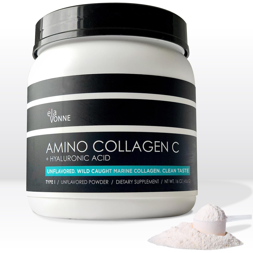 Amino Collagen C dengan Acid Hyaluronic (60 Servings _ 16oz _ 456g) - None-GMO Marine Collagen Peptides - Poundder yang terhidrolized - Tanpa Rasa - Gula - Untuk Firm Skin, Hidration, Joints dan Gut Sehat.