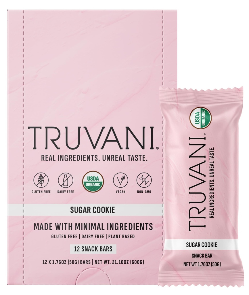 Truvani Plant Based Snack Bars 124; Sugar Cookie 124; 6g Protein = 124; USDA Organik dan Vegan; Satu-satunya Bar 124; Dairy, Soy, dan Gluten Gratis 124; Dibungkus Individually