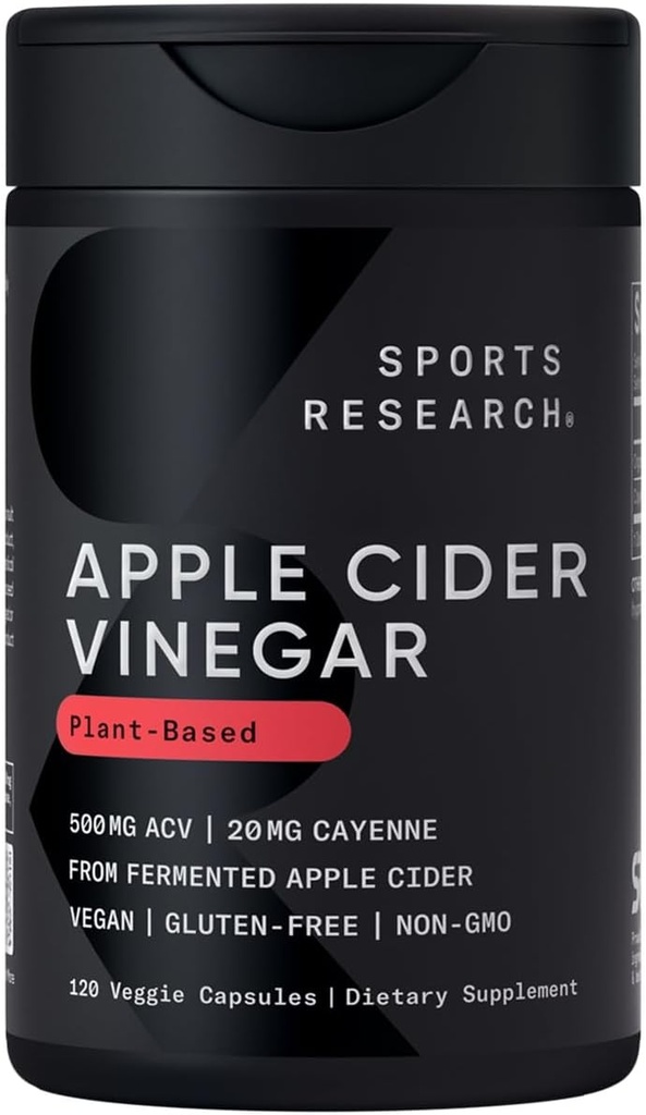 Sports Research Apple Cider Vinegar dengan Cayenne Pepper 124; Dibuat dari Organic Ferwered Apple Cider - Proyek Non-GMO Diverifikasi & Vegan Sertifikasi (120 Veggie Capsules)